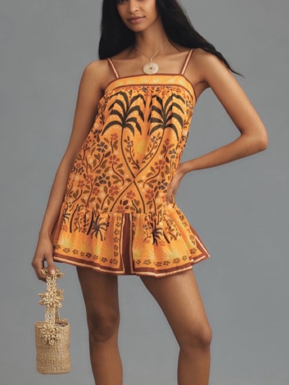 FARM Rio Orange Palm-Print Spaghetti-Strap Mini Dress